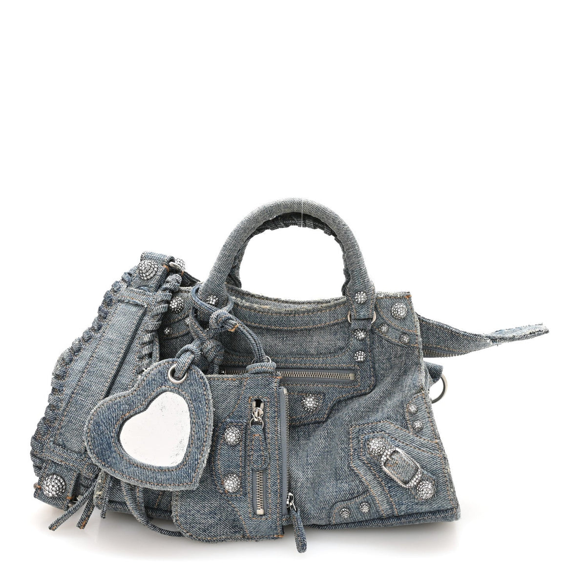 Washed Frayed Denim Crystal Neo Cagole Handbag XS Blue