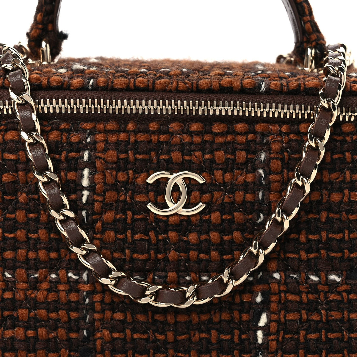 Tweed Small Top Handle Vanity Case With Chain Brown Multicolor