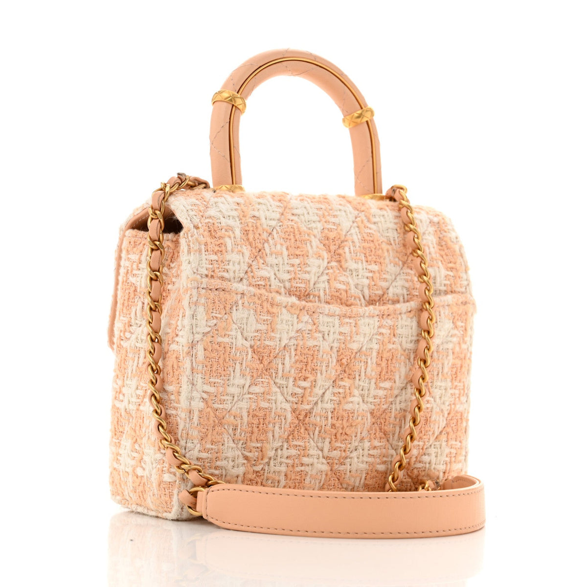 Tweed Handle Crush Top Handle Flap Bag Orange Ecru