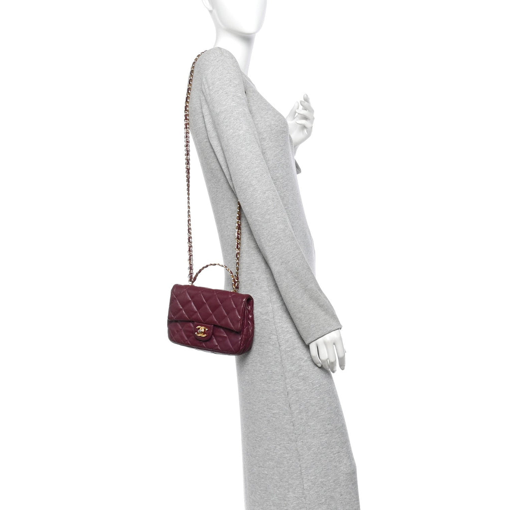 Shiny Lambskin Quilted Golden Links Top Handle Flap Dark Purple