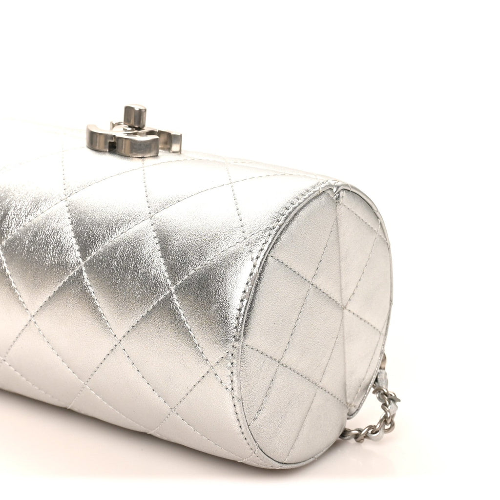 Metallic Lambskin Quilted Barrel Crossbody Bag Silver