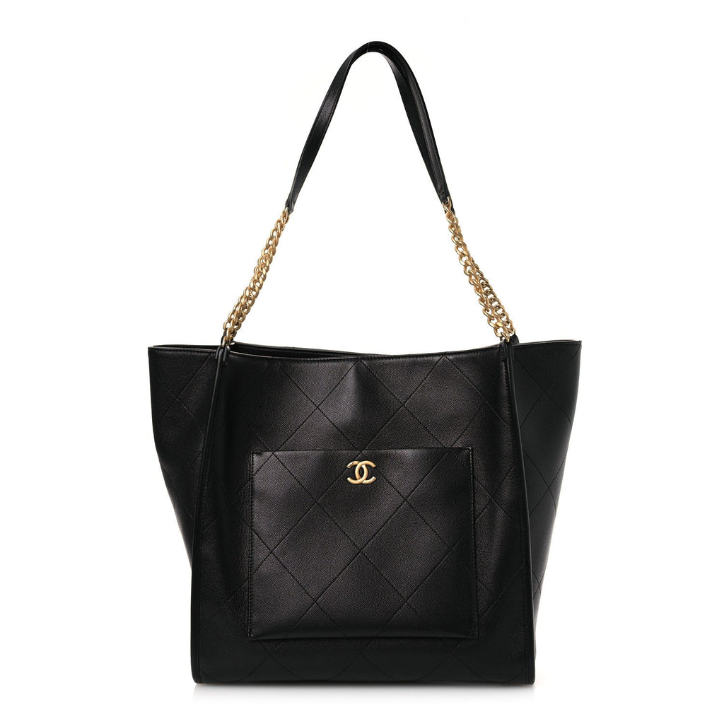 Caviar Stitched Pocket CC Large Tote Black