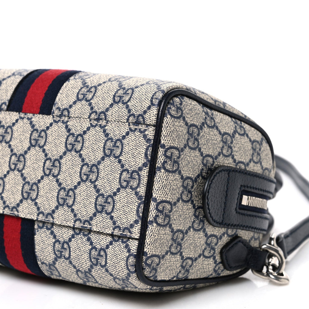 GG Supreme Monogram Textured Dollar Calfskin Web Mini Ophidia Top Handle Bag Beige Blue