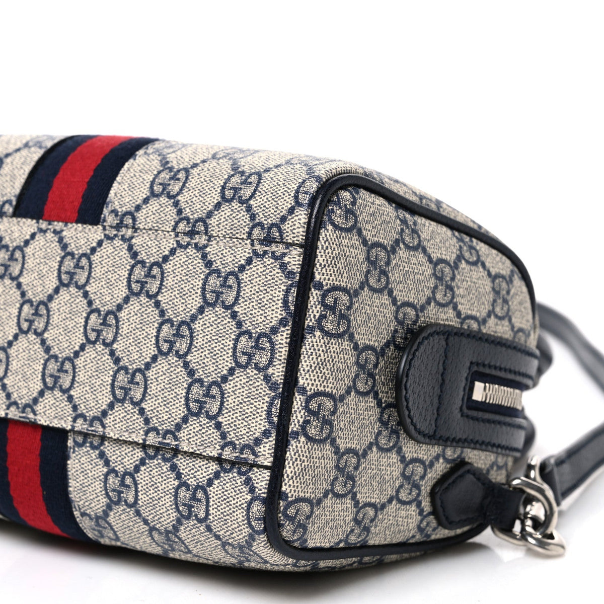 GG Supreme Monogram Textured Dollar Calfskin Web Mini Ophidia Top Handle Bag Beige Blue