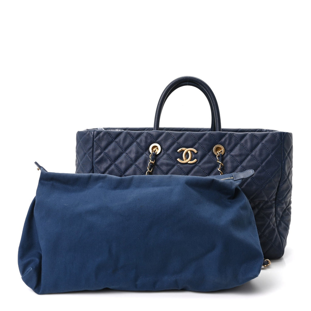 Caviar Quilted Large Coco Handle Shopping Tote Navy