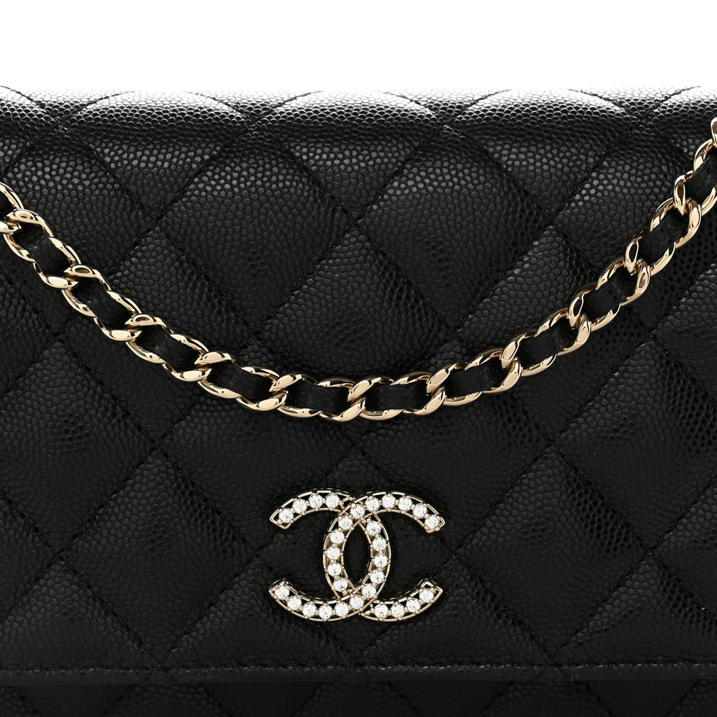Caviar Quilted Crystal CC Wallet On Chain WOC Black