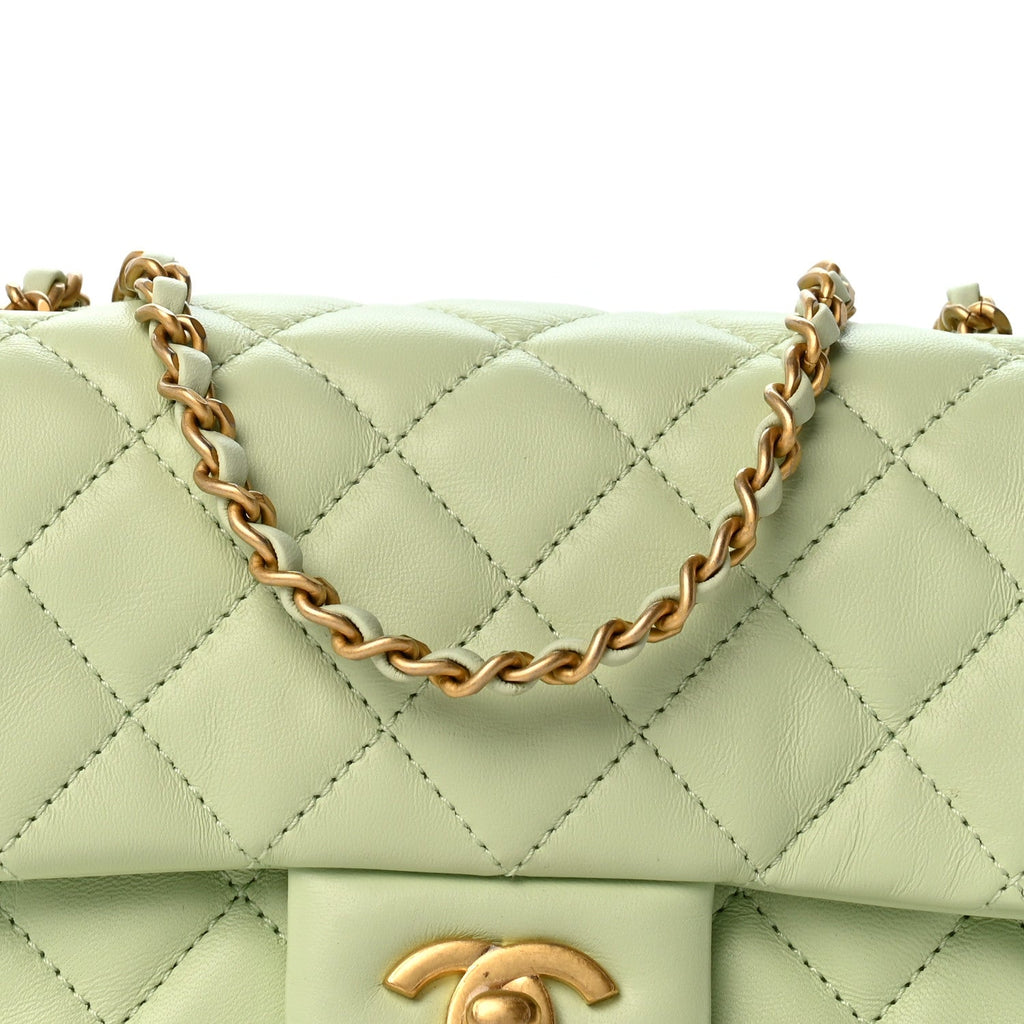 Lambskin Quilted Mini Pearl Crush Flap Light Green