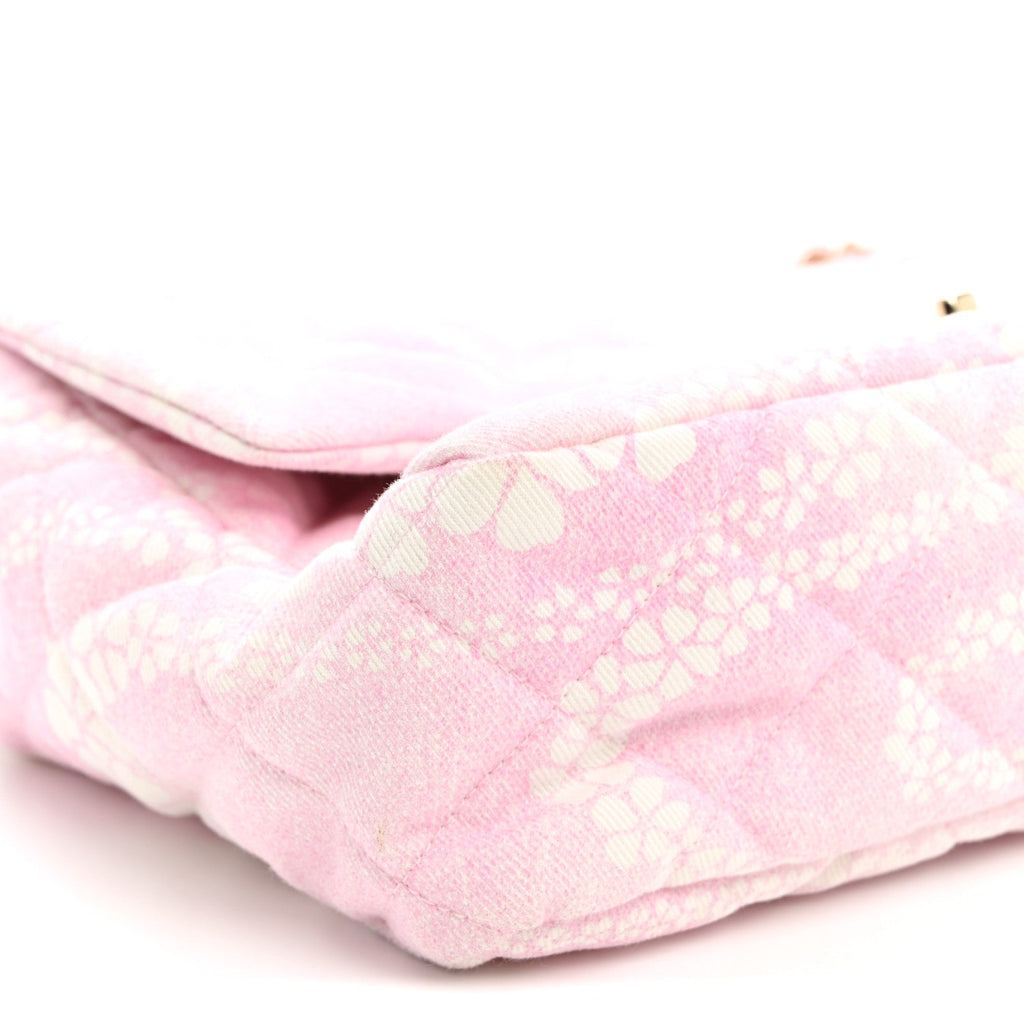 Printed Denim Quilted Maxi Single Flap Bag Pink White