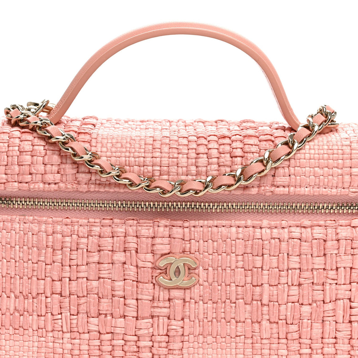 Braided Raffia Quilted Top Handle Slim Vanity Case With Chain Light Pink