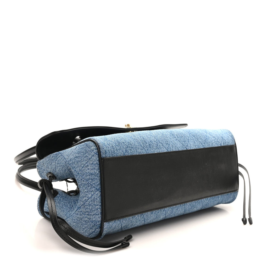 Calfskin Denim Stitched Urban Essentials Small Shopping Bag Blue Black