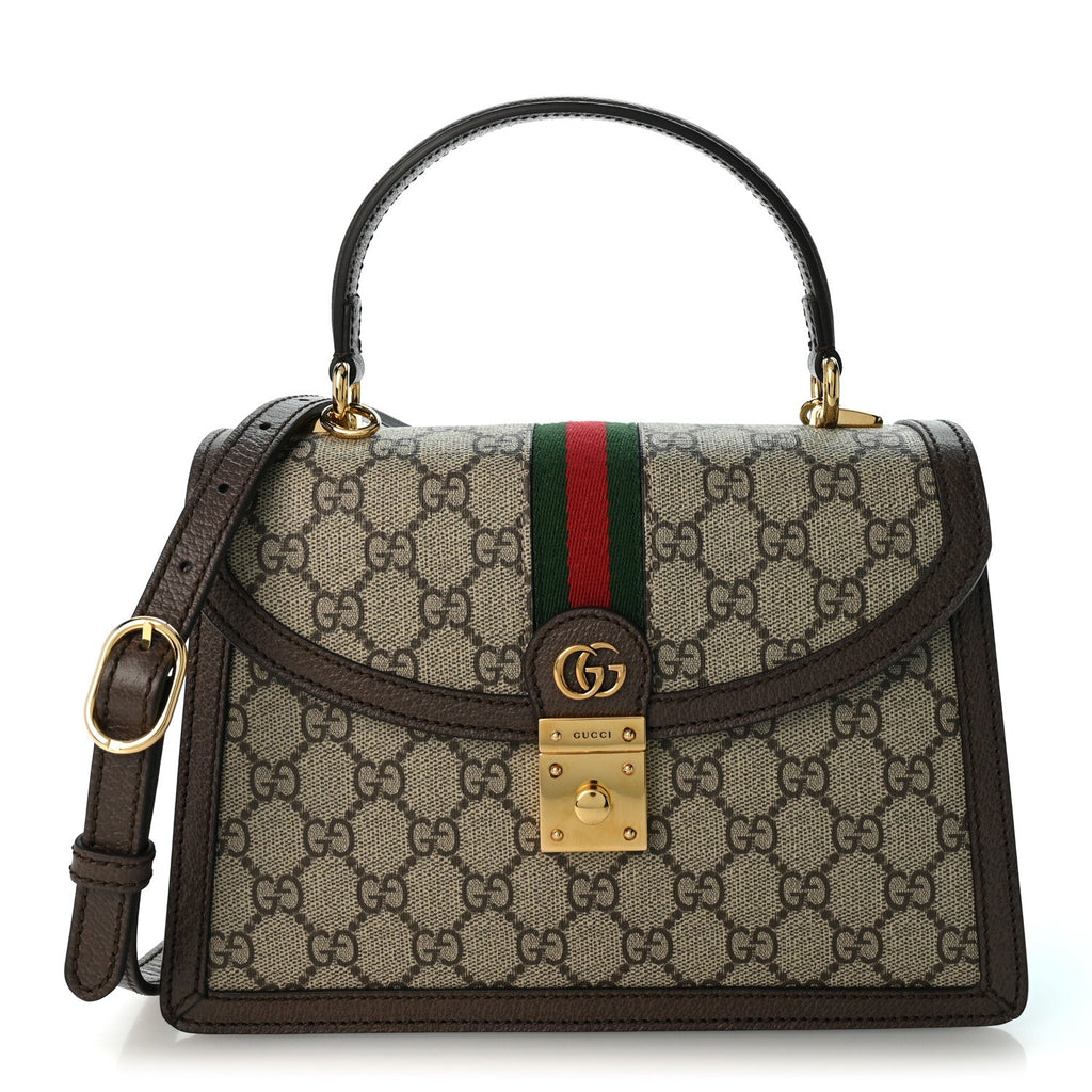 GG Supreme Monogram Textured Dollar Calfskin Web Small Ophidia Padlock Top Handle Bag Beige Ebony New Acero