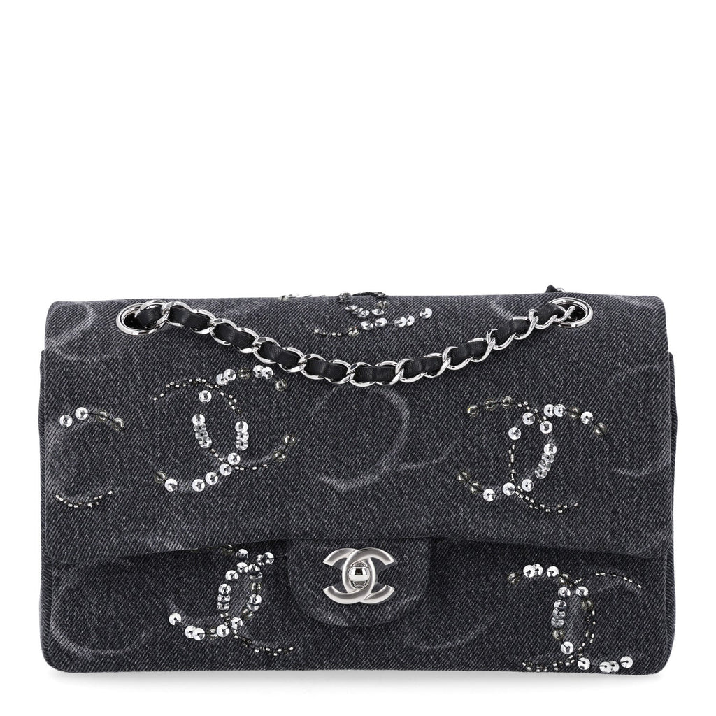 Denim Crystal Sequin CC Medium Double Flap Black