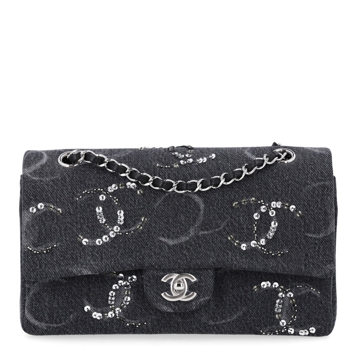 Denim Crystal Sequin CC Medium Double Flap Black