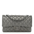 Metallic Calfskin Quilted Medium Double Flap Ruthenium