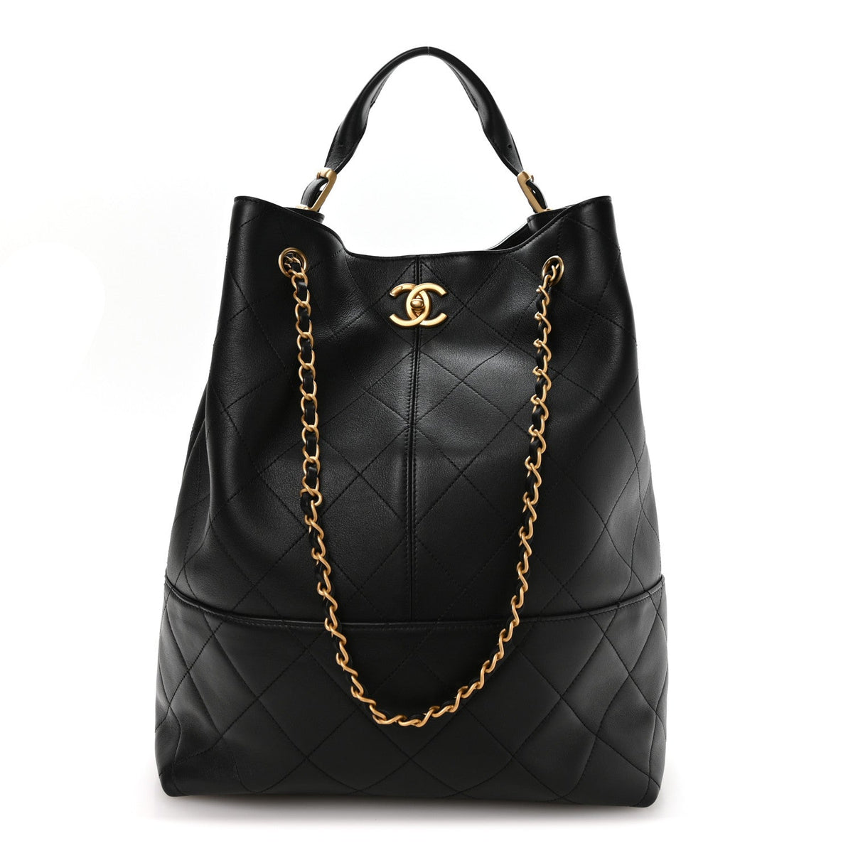 Calfskin Quilted Large Coco Base Shopping Bag Black