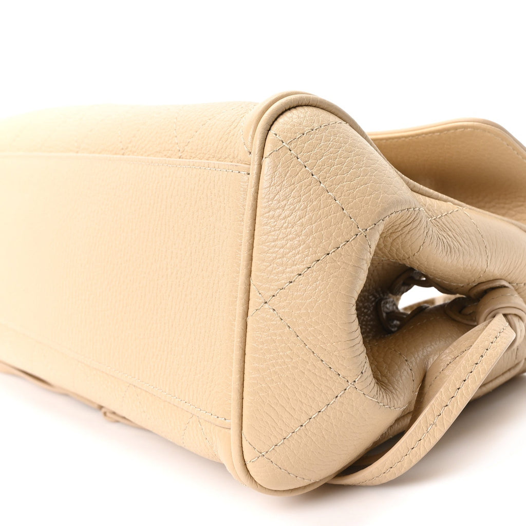 Grained Calfskin Stitched Urban Essentials Small Shopping Bag Beige