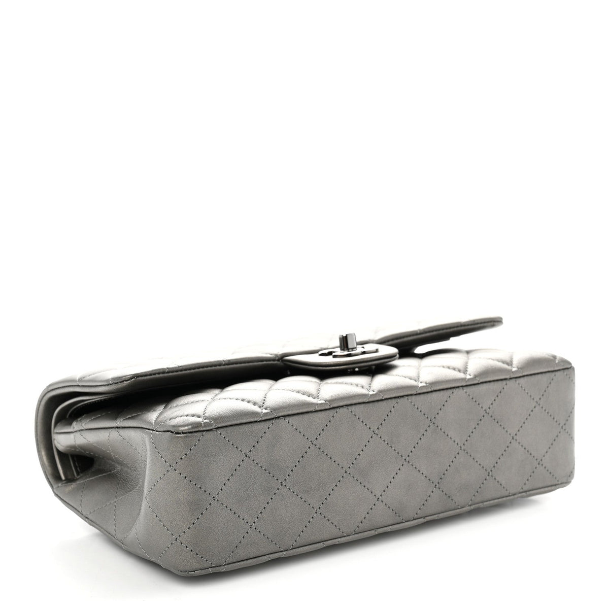 Metallic Calfskin Quilted Medium Double Flap Ruthenium