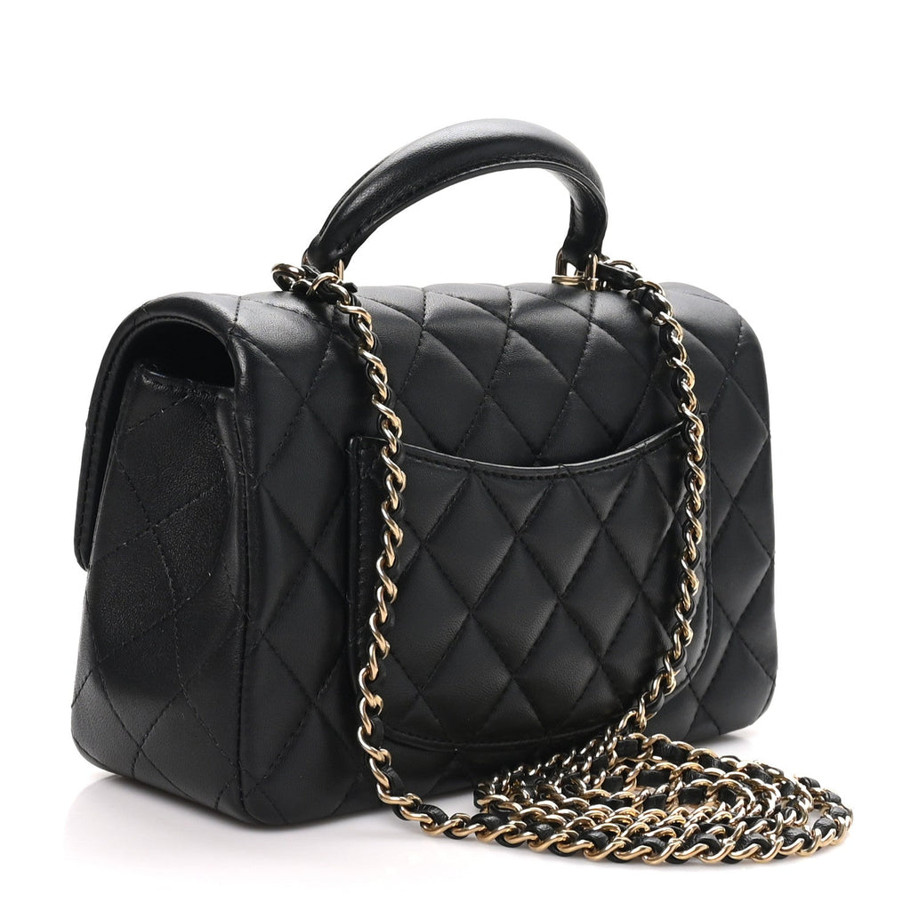 Lambskin Quilted Mini Top Handle Rectangular Flap Black