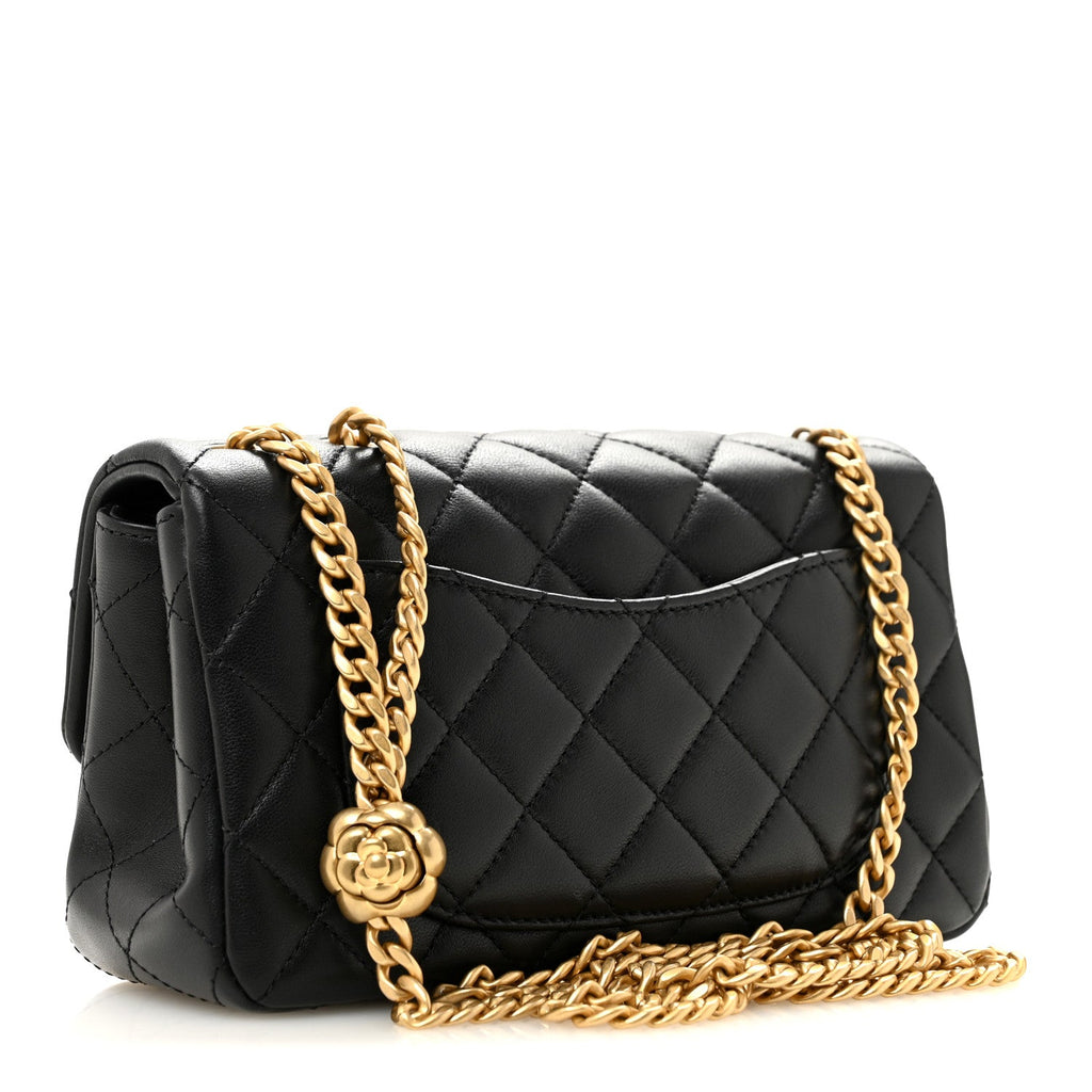 Lambskin Quilted Mini Rectangular Sweet Camellia Flap Black