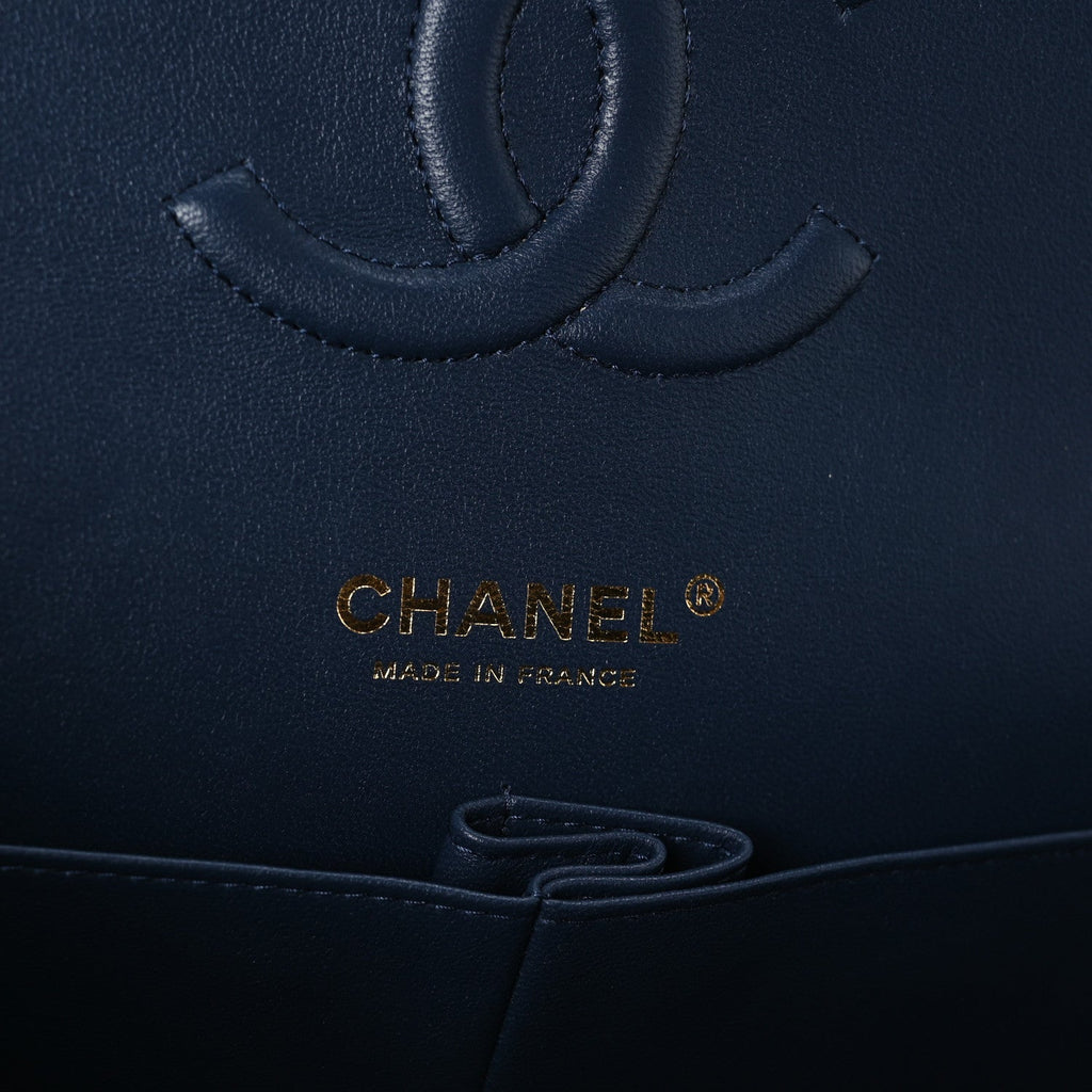 Printed Denim Quilted Medium Double Flap Dark Blue