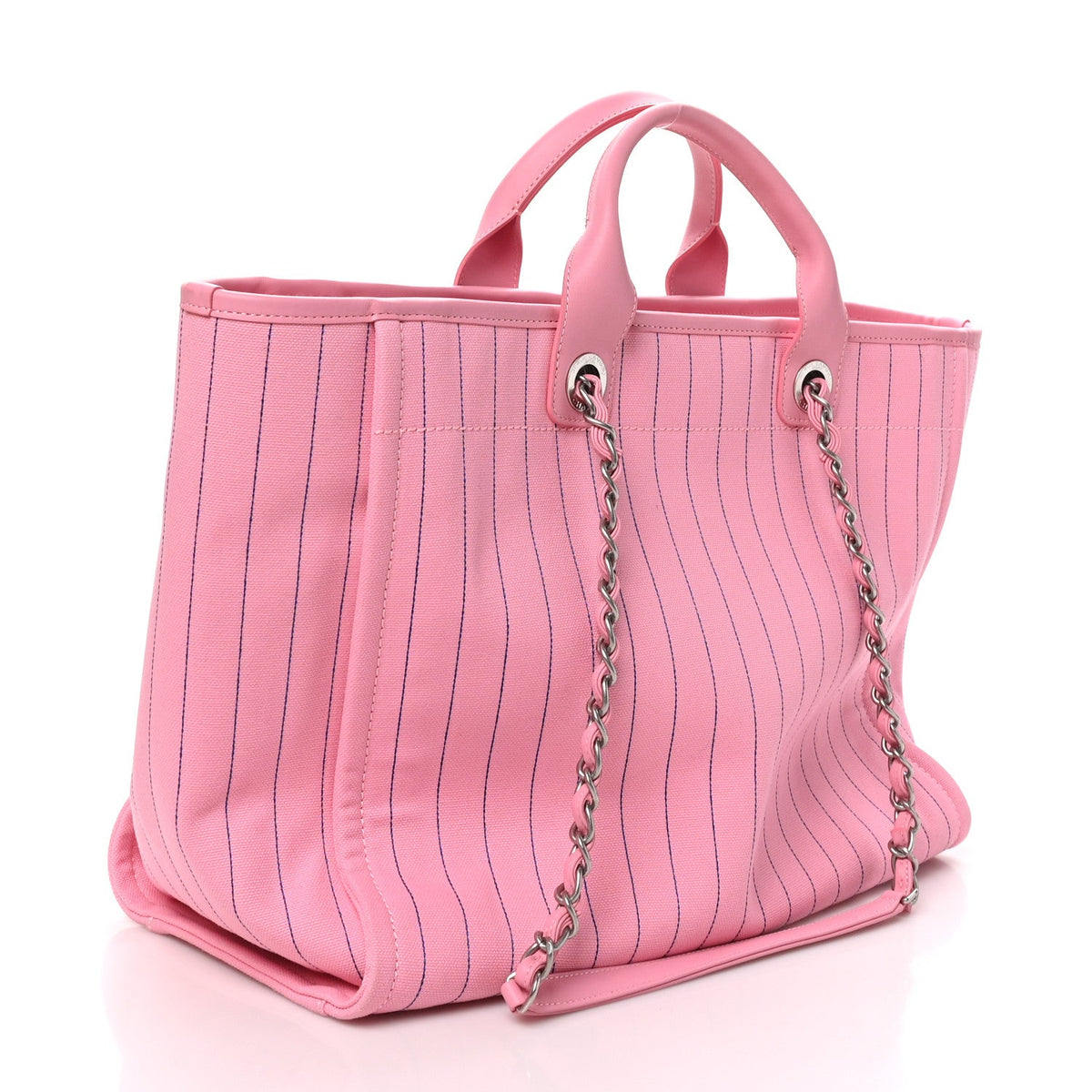 Canvas Calfskin Striped Large Deauville Tote Pink Blue