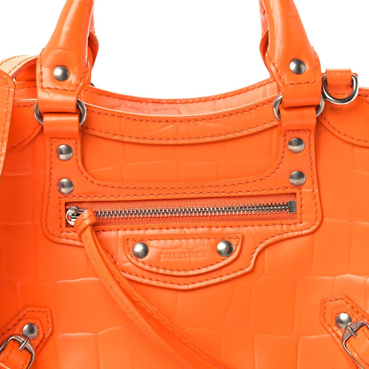 Semi Shiny Calfskin Crocodile Embossed Neo Classic Silver Hardware Mini City Orange