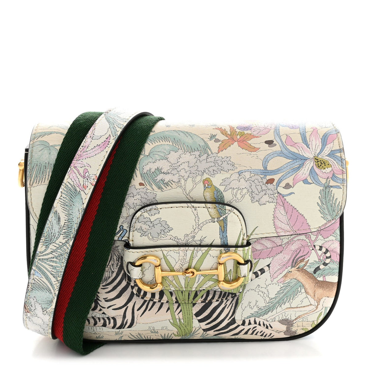 New Shangai Calfskin Tiger Savanah Web Mini Horsebit 1955 Shoulder Bag Chalky White Multicolor