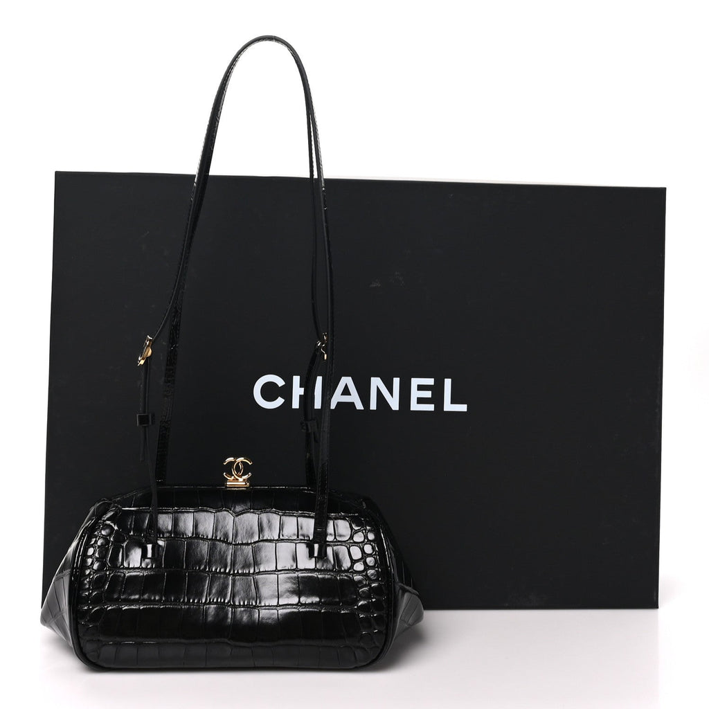 Calfskin Crocodile Embossed Pretty CC Clutch With Strap Black