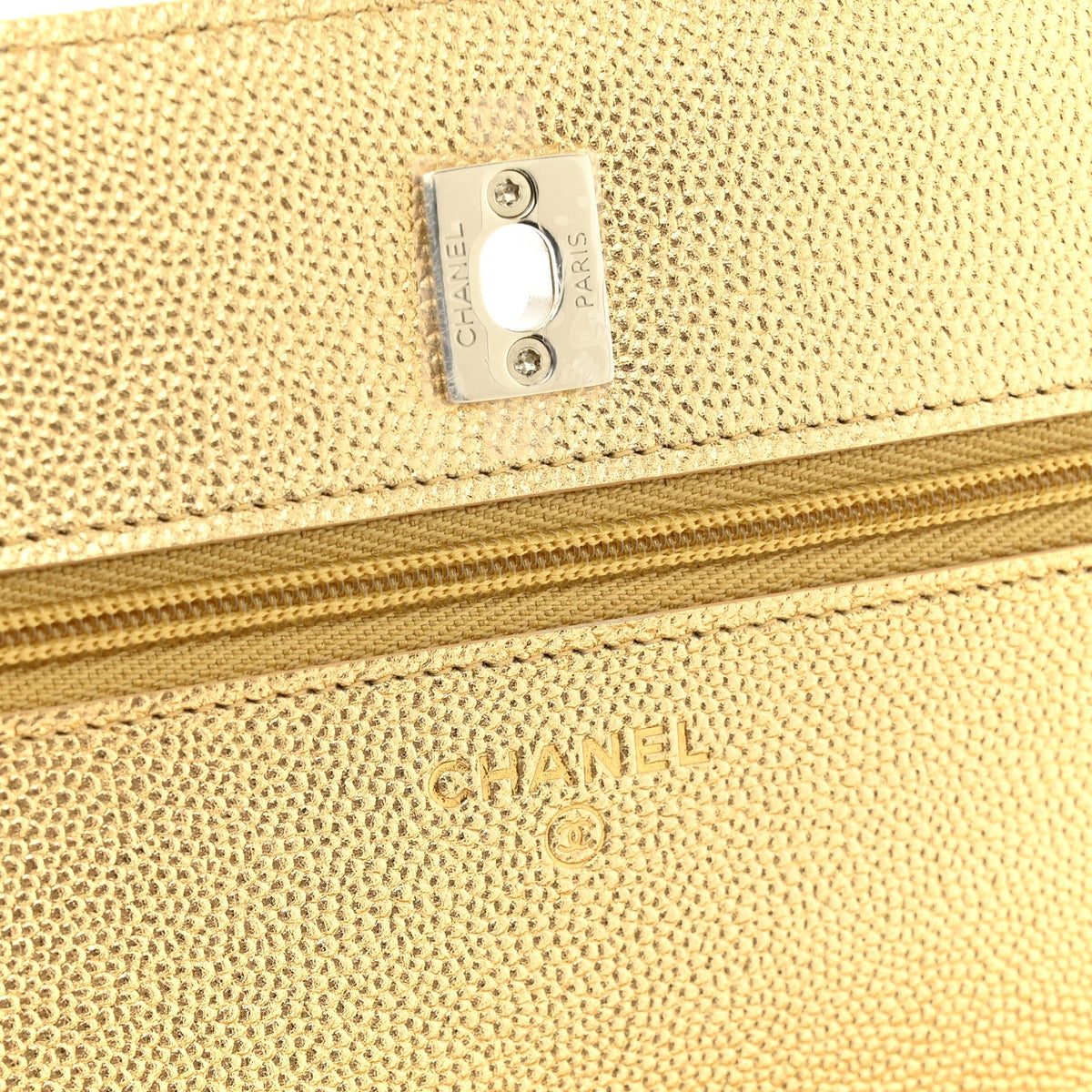 Metallic Caviar Quilted CC Turnlock Wallet On Chain WOC Gold