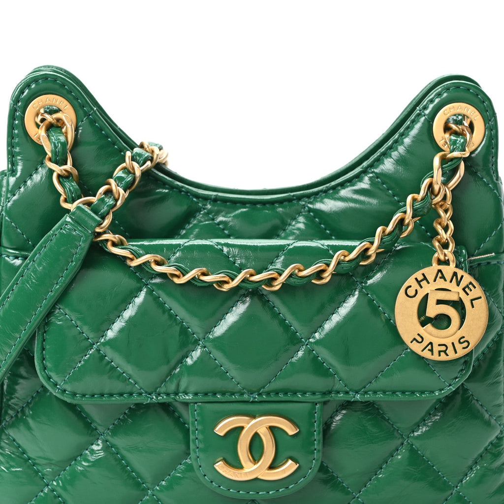 Shiny Crumpled Calfskin Quilted Small Wavy CC Hobo Green
