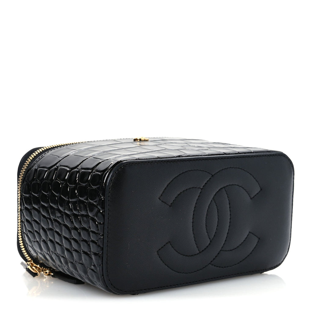 Calfskin Crocodile Embossed Crococo Small Top Handle Vanity Case With Chain Black
