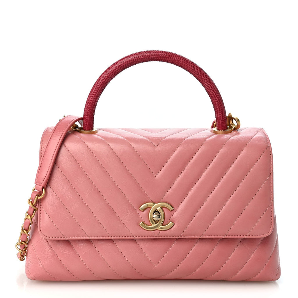 Calfskin Lizard Chevron Quilted Small Coco Handle Flap Pink