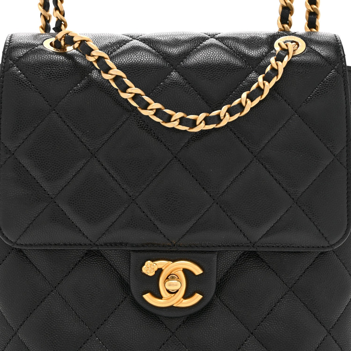 Caviar Quilted Camellia Chain Around Backpack Black