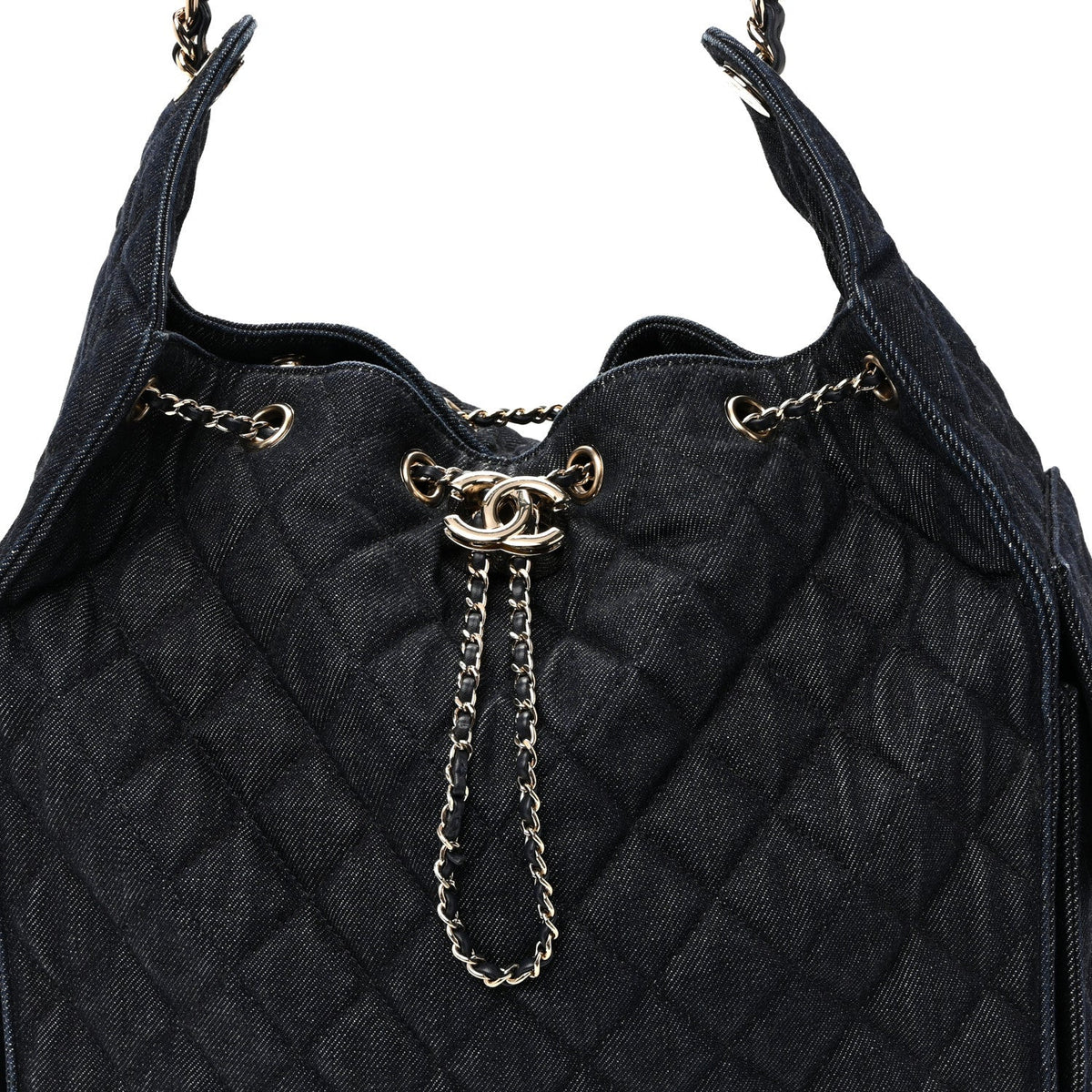 Denim Quilted Medium Chanel 25 Handbag Dark Blue