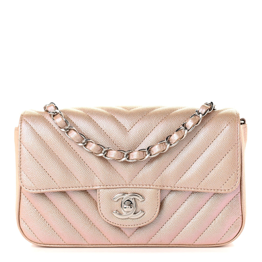 Iridescent Caviar Chevron Quilted Mini Rectangular Flap Light Gold