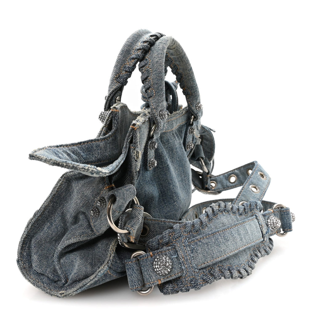 Washed Frayed Denim Crystal Neo Cagole Handbag XS Blue