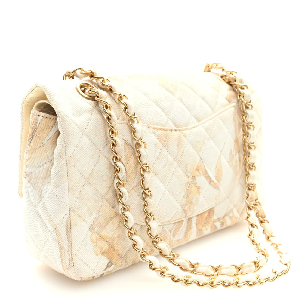 Denim Floral Printed Medium Double Flap Beige