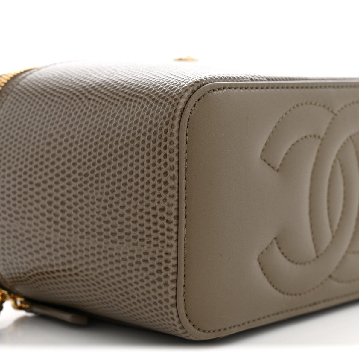Calfskin Lizard Embossed Top Handle Vanity With Chain Dark Khaki