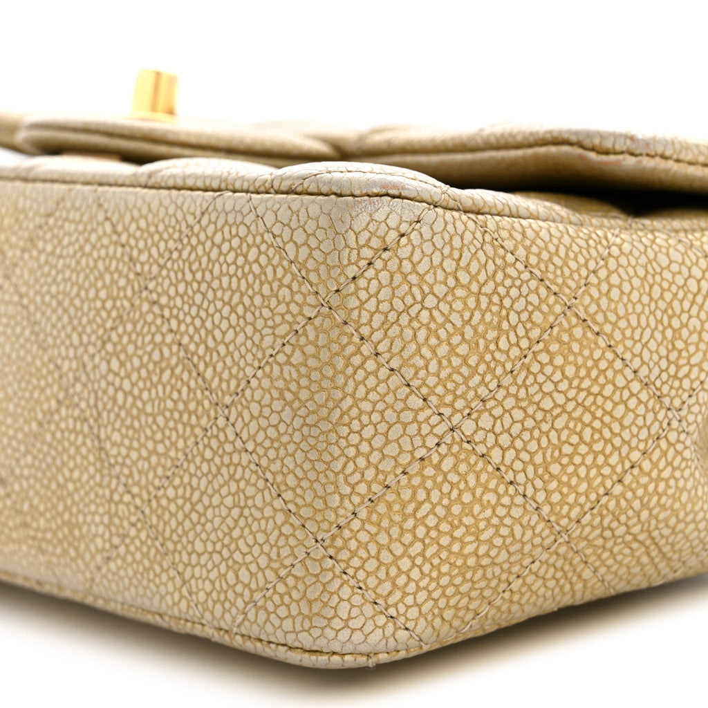 Metallic Caviar Quilted Mini Rectangular Flap Gold