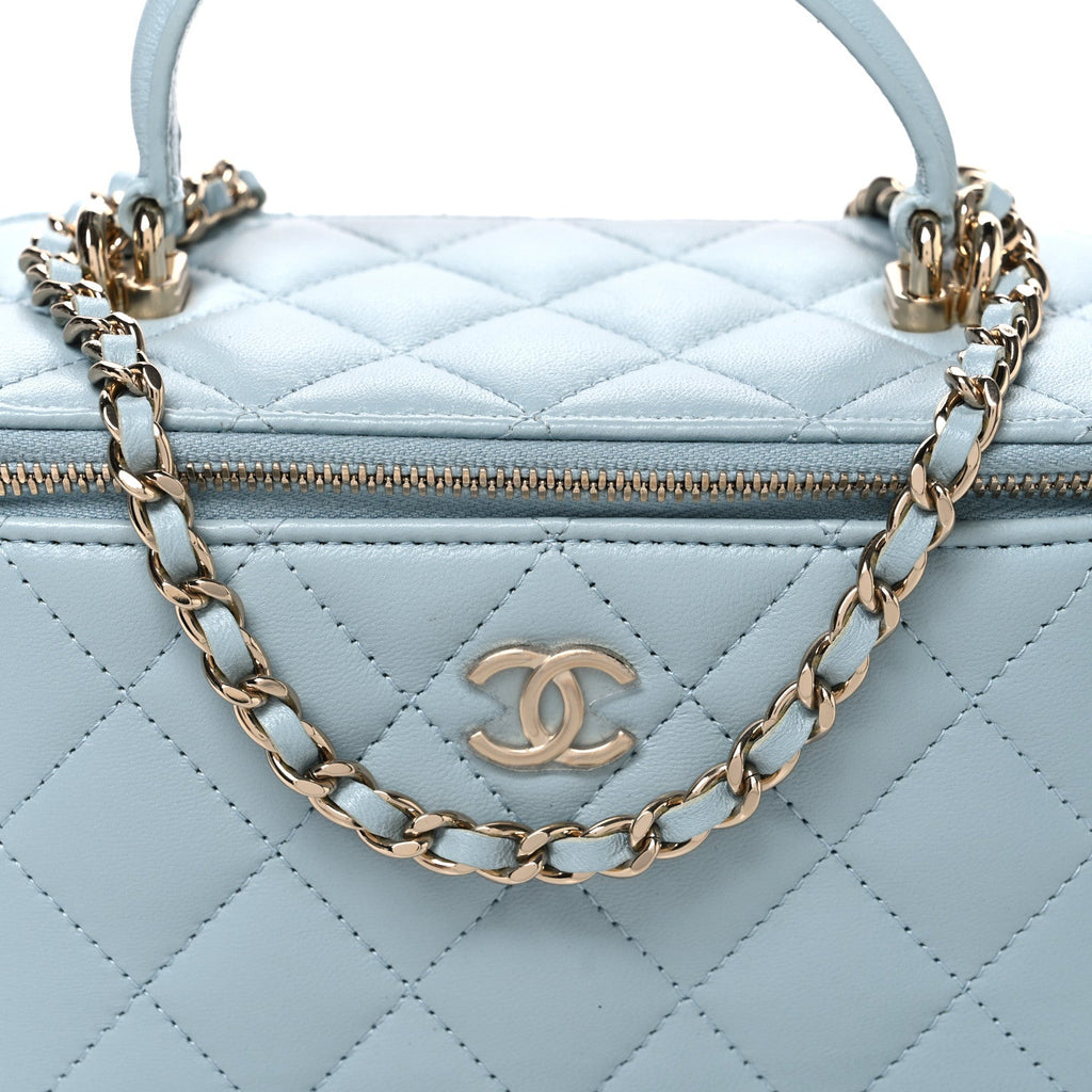 Lambskin Quilted Small Top Handle Vanity Case With Chain Light Blue