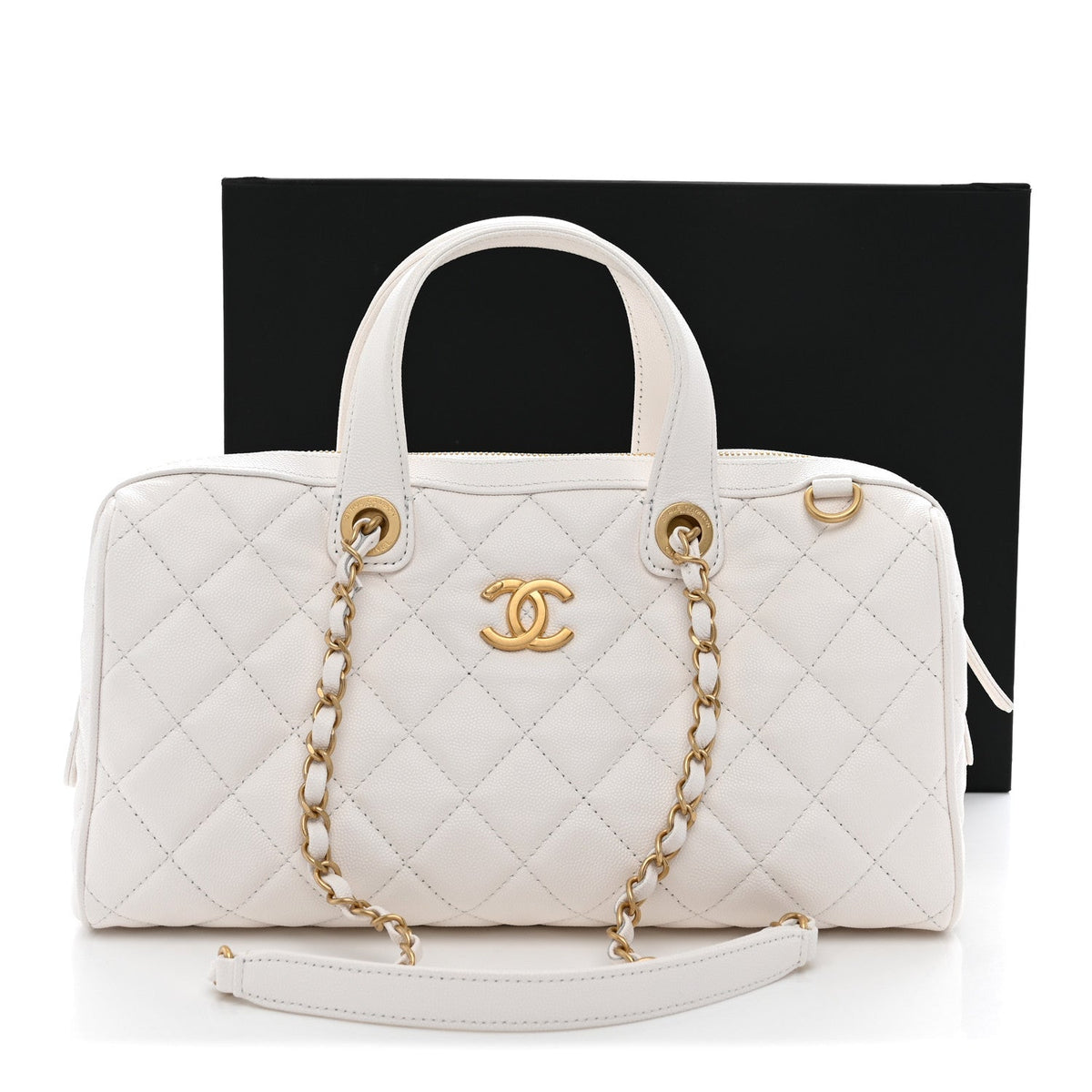 Caviar Quilted Large Bowling Bag White