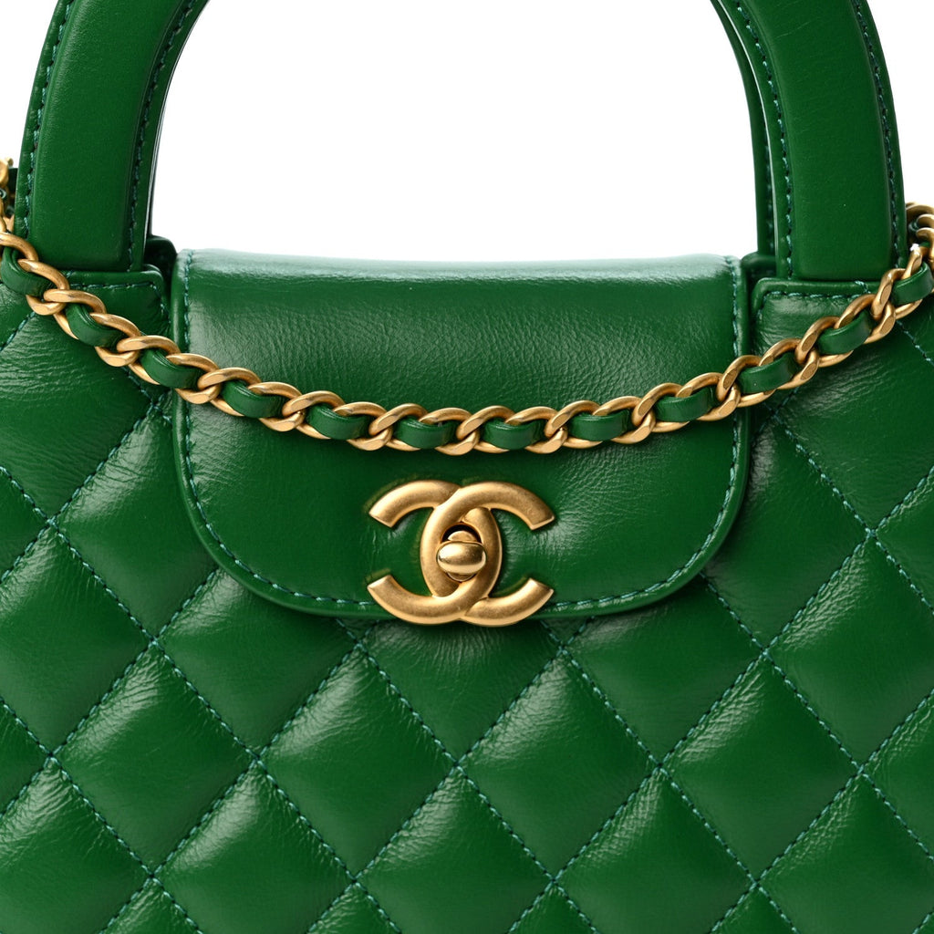 Shiny Aged Calfskin Quilted Nano Kelly Shopper Green