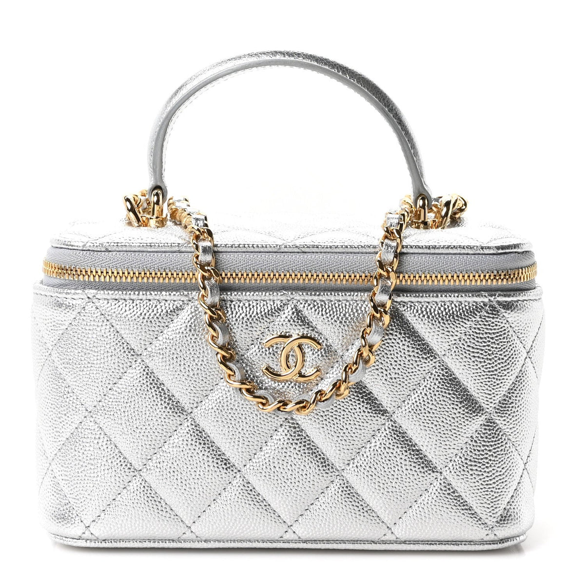 Metallic Caviar Quilted Top Handle Slim Vanity Case With Chain Silver