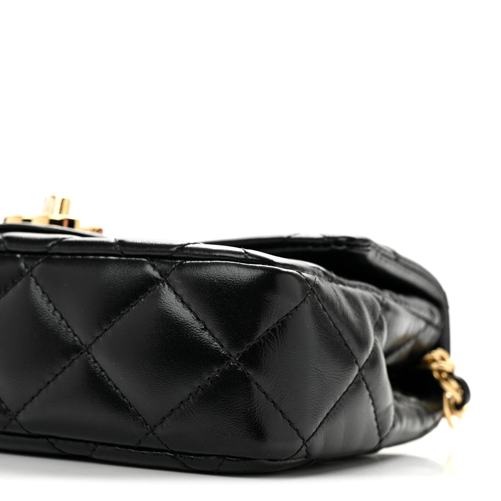 Shiny Lambskin Quilted Golden Links Top Handle Flap Black