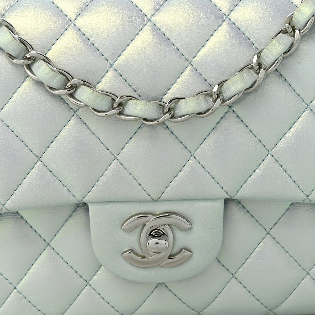 Iridescent Lambskin Quilted Medium Double Flap Light Blue