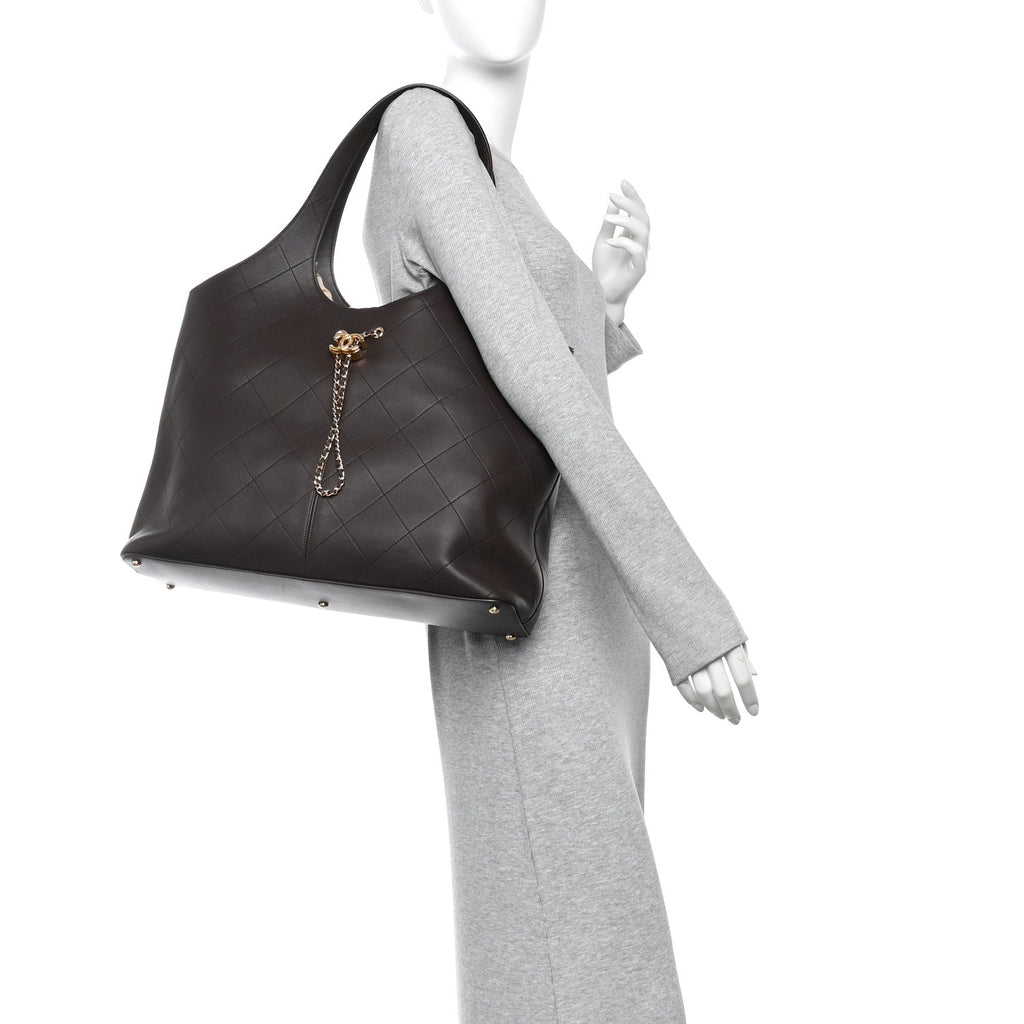 Calfskin Stitched Maxi Shopping Bag Dark Brown