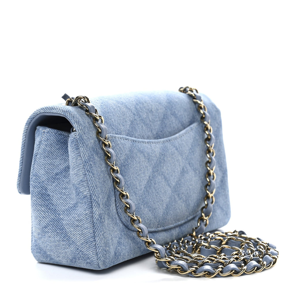 Printed Denim Quilted Mini Rectangular Flap Light Blue