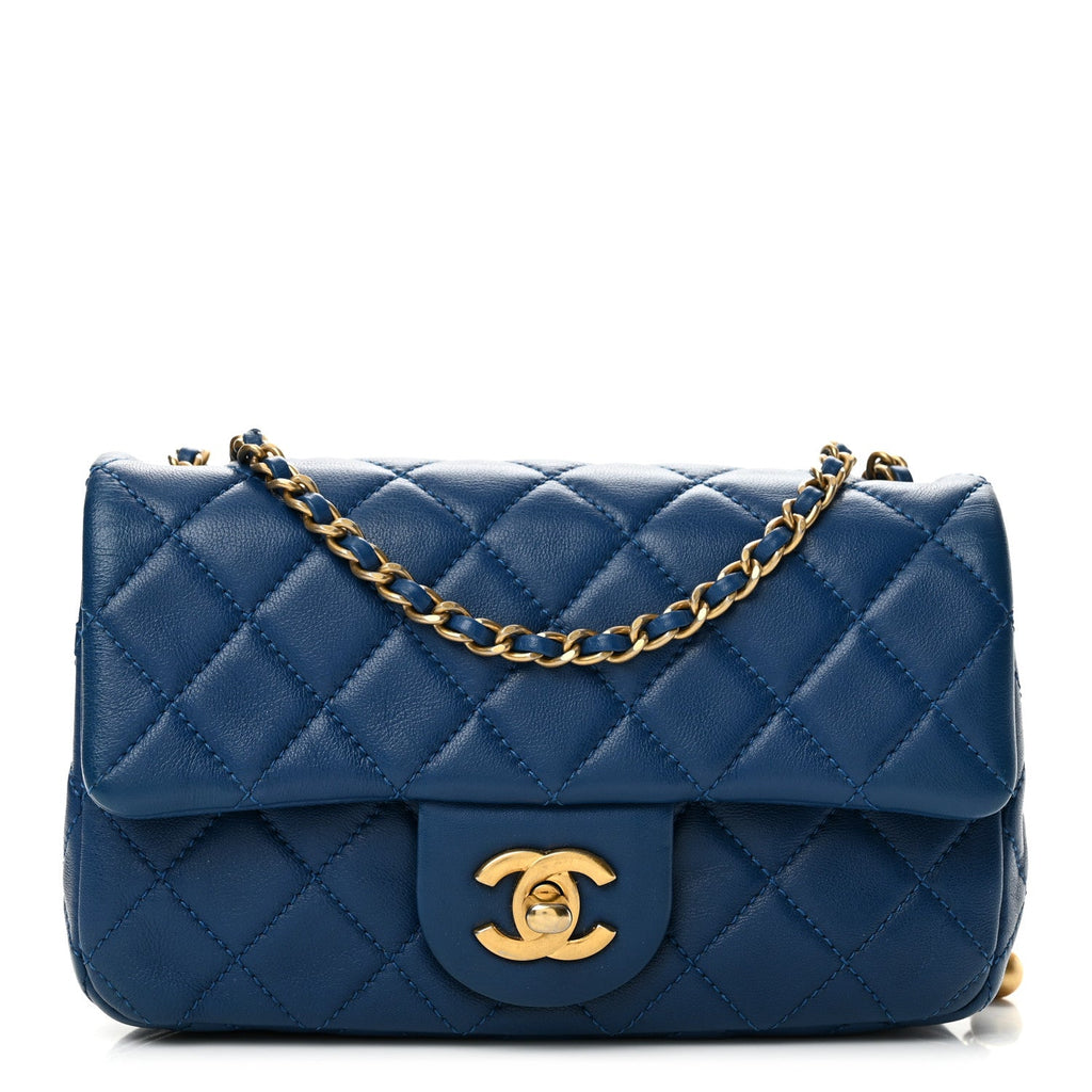 Lambskin Quilted Pearl Crush Mini Rectangular Flap Blue