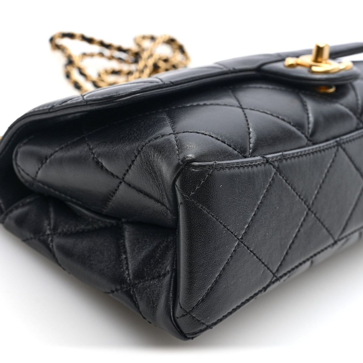Shiny Lambskin Pearl Top Handle Flap Shopping Bag Black