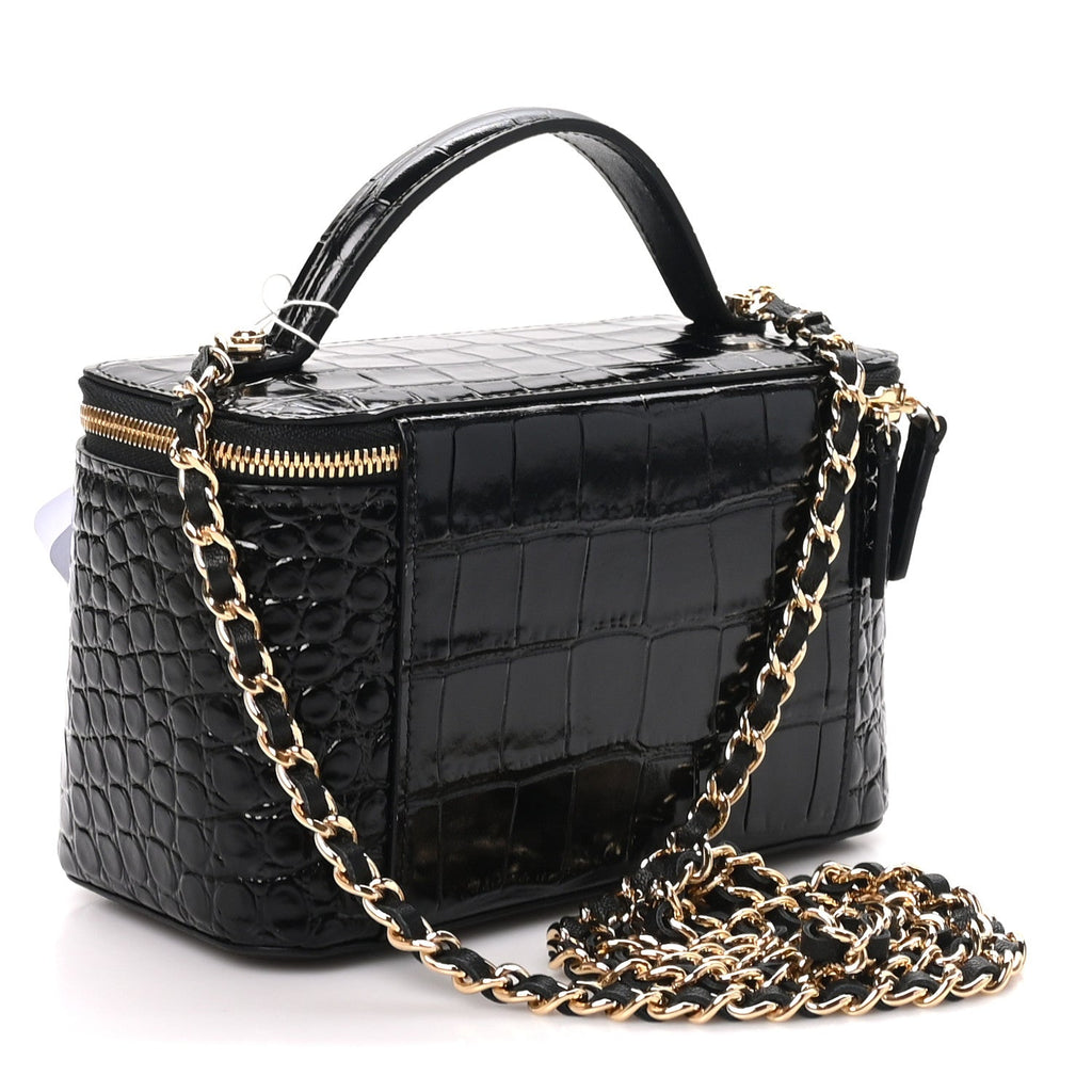 Calfskin Crocodile Embossed Crococo Small Top Handle Vanity Case With Chain Black